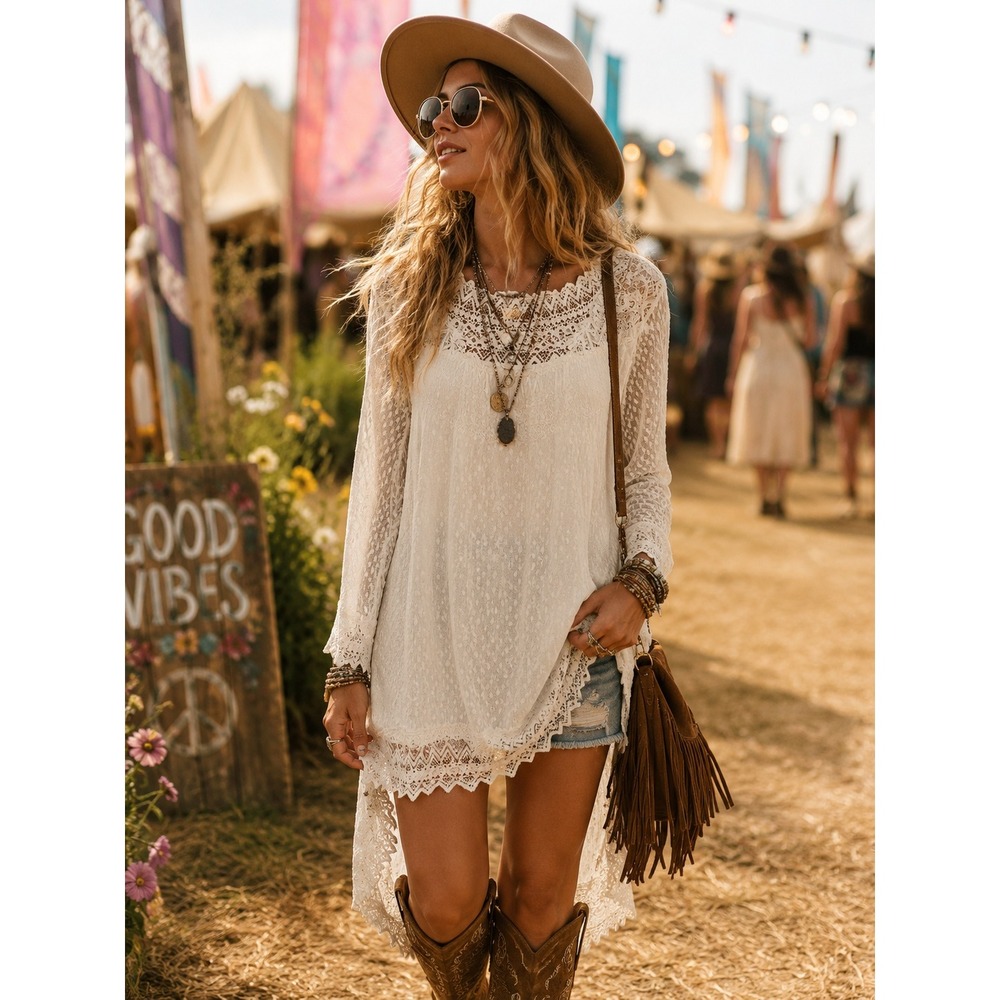 Belle Bird Cream Floral Lace Boho Tunic Top Sheer Long Sleeve XXL